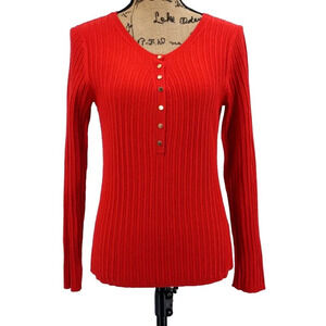 Chico's Henley Top Women 1 Medium M Knit Orange Red Ribbed‎ Gold Snap Buttons